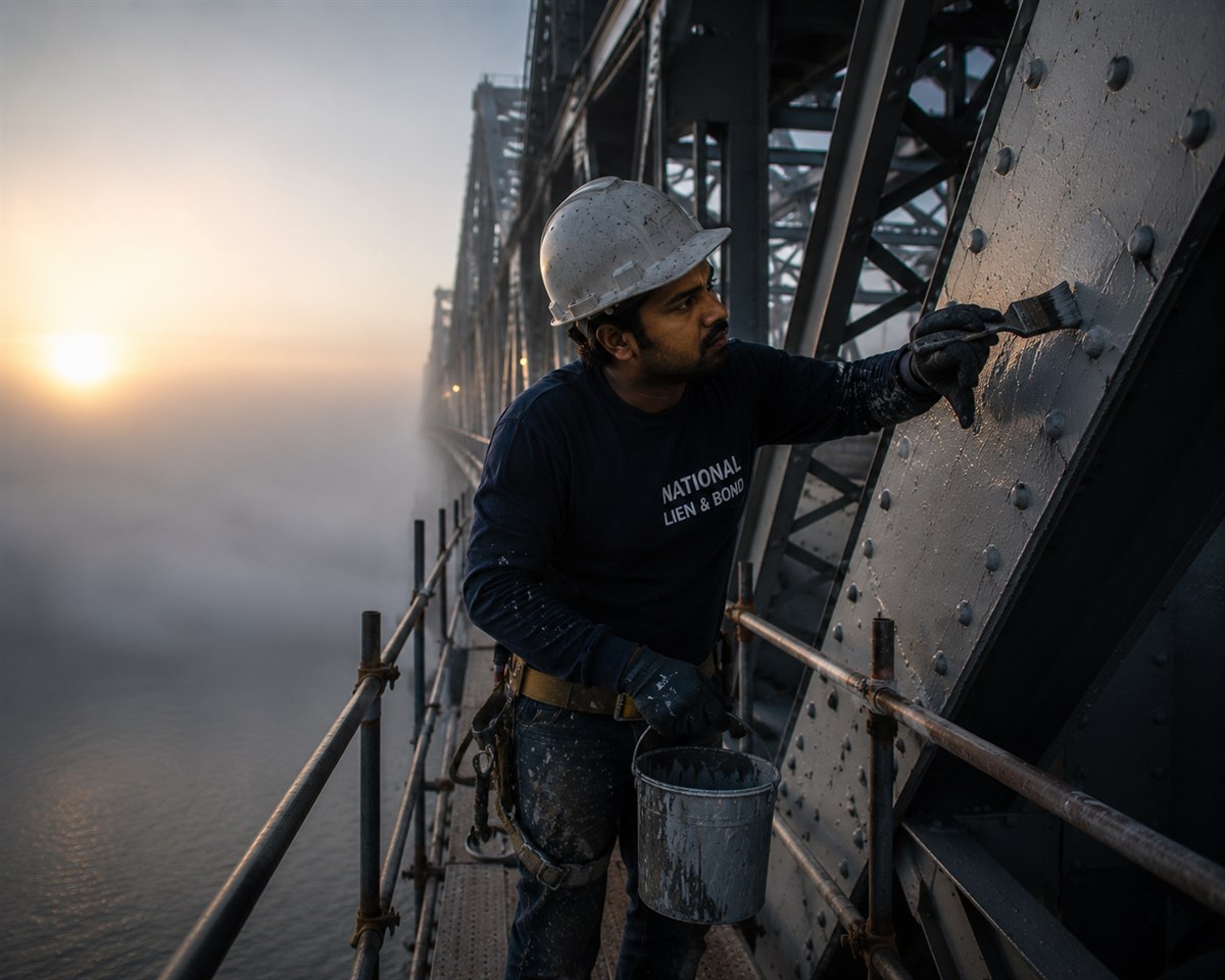 Painter recoating riveted bridge steel above a fog-covered river at sunrise, the public bridge work behind Pennsylvania Miller Act claims