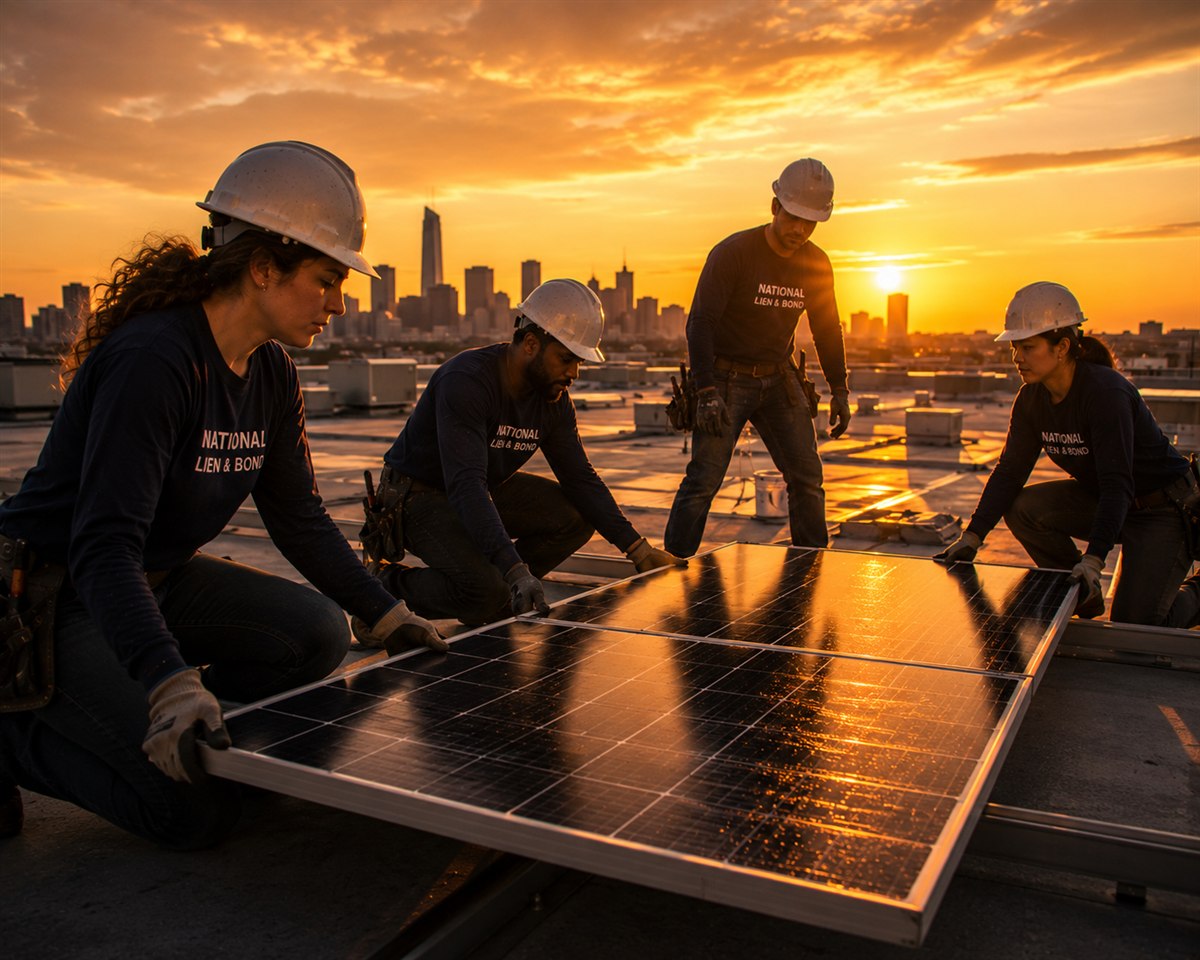 Crew setting a solar panel on a commercial roof at sunset, the solar projects where a lien gets you paid through a Chapter 11