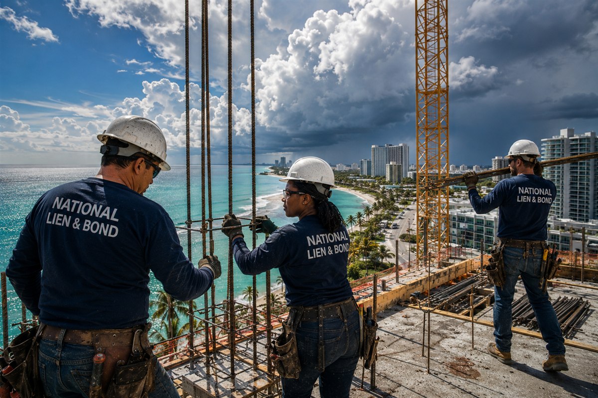 Rebar crew tying columns atop a beachfront Florida high-rise, turquoise surf and condo towers stretching down the coast below