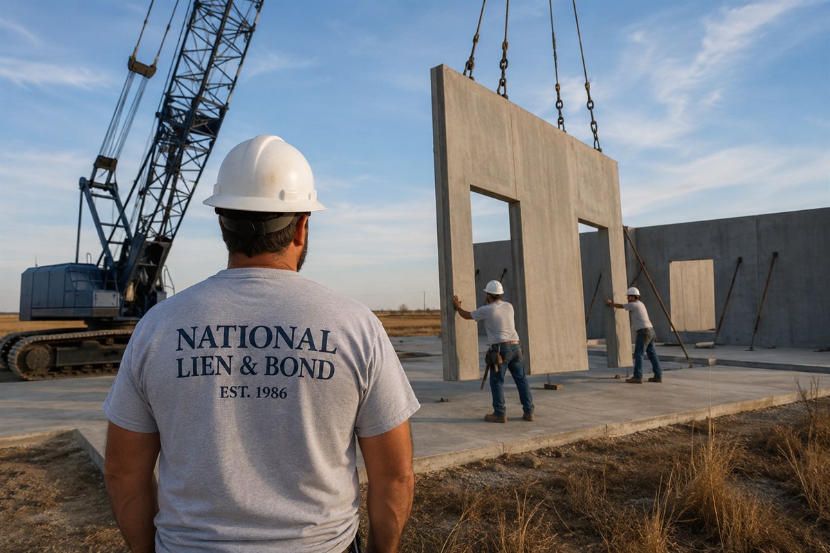 Crawler crane lifting a concrete tilt-wall panel on a Texas commercial build while a subcontractor in a hard hat watches from the pad