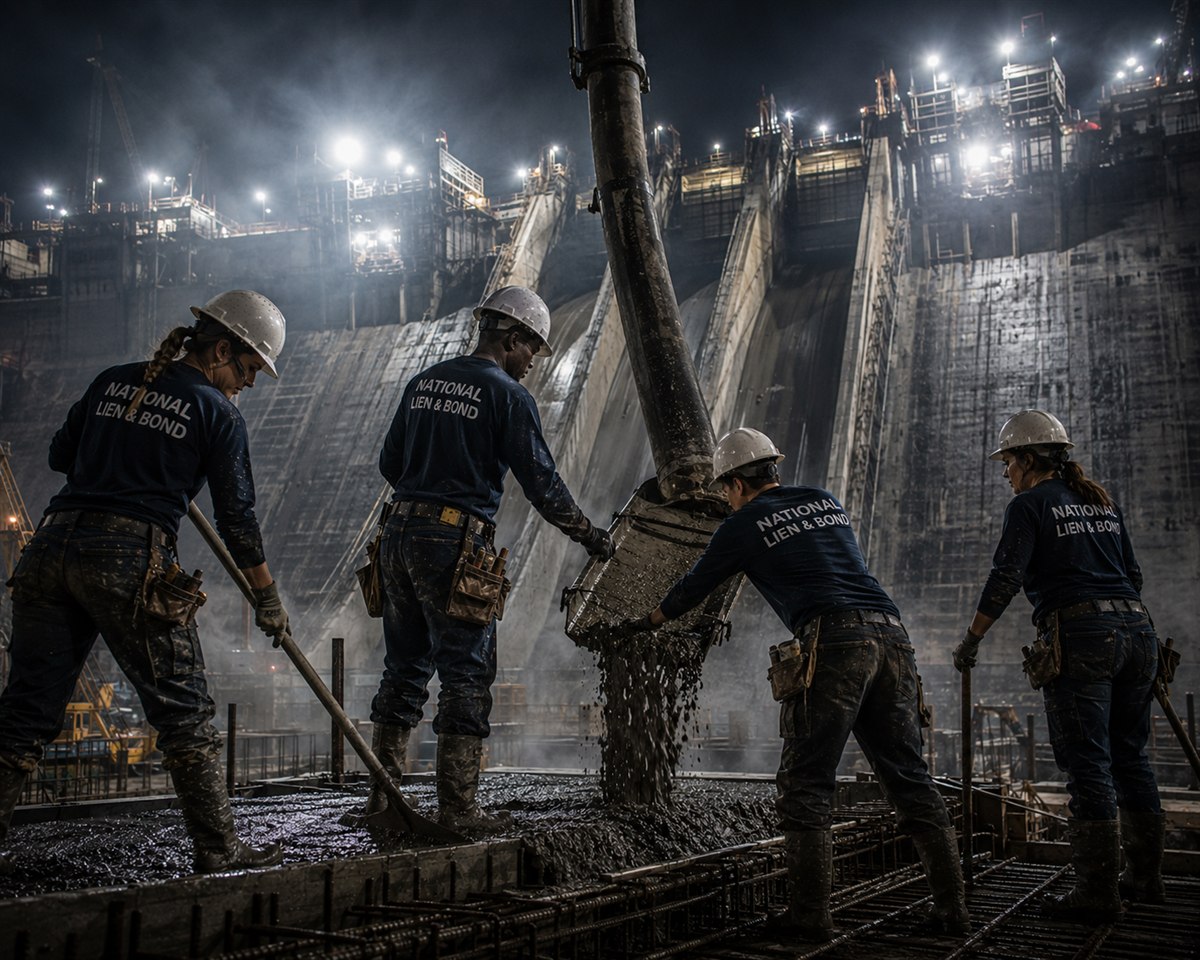 Night crew pouring concrete at the base of a massive federal dam, the projects where the Miller Act payment bond is how you get paid