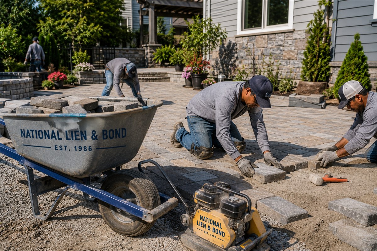Hardscape crew installing pavers at a home, the kind of property improvement work that can lead to a mechanics lien