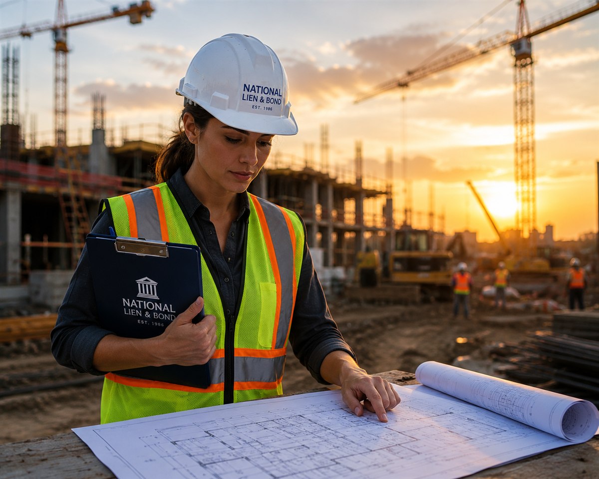 Construction professional verifying job information on a branded clipboard against blueprints on an active job site at golden hour