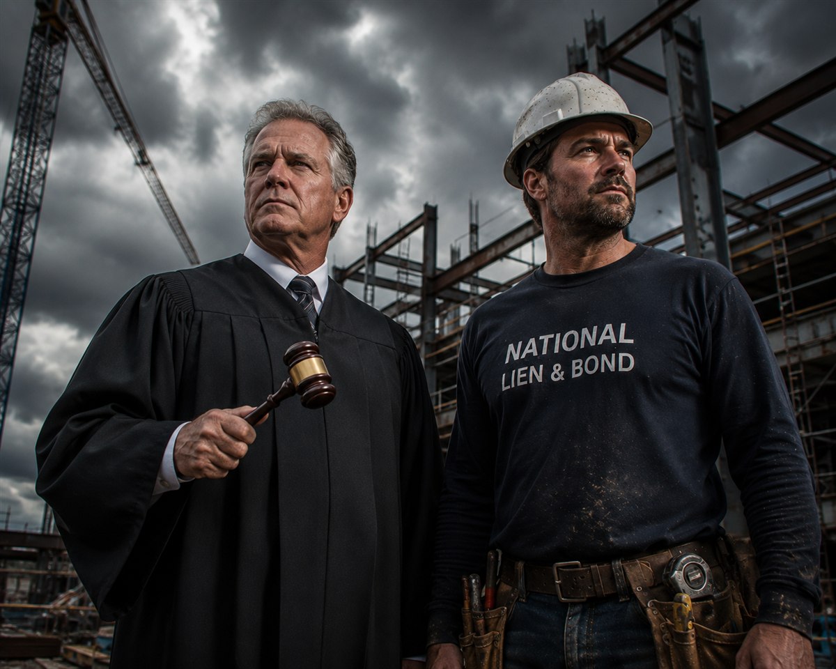 Judge with a gavel standing beside a subcontractor on a stormy jobsite, an appellate court ruling in favor of subcontractors