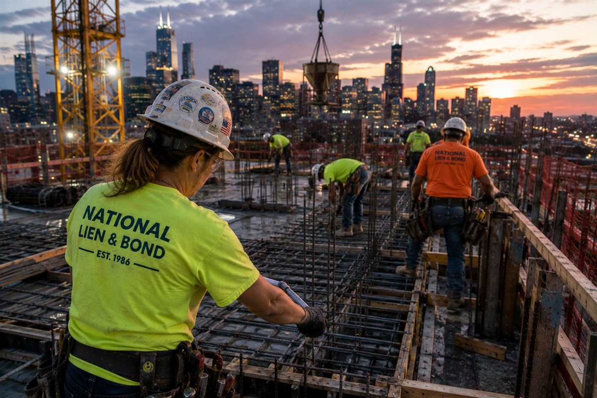 Ironworker tying rebar on a high-rise deck above the Chicago skyline at dusk, the projects behind Illinois vendor payment challenges