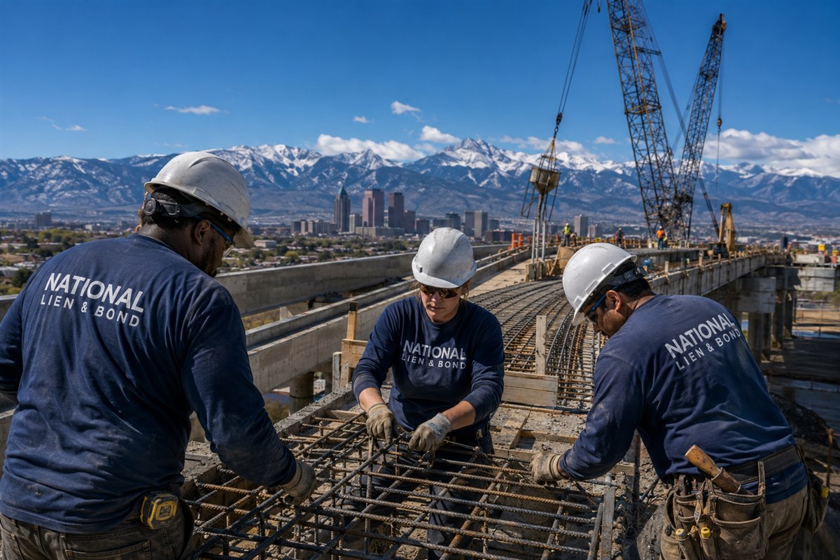 Rebar crew tying deck cages on an elevated transit guideway above the city, cranes and snowy peaks behind, the public works where prevailing wages apply