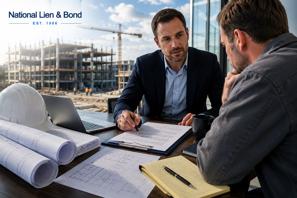 Construction attorney pointing out an indemnification clause in a subcontractor agreement during an office review