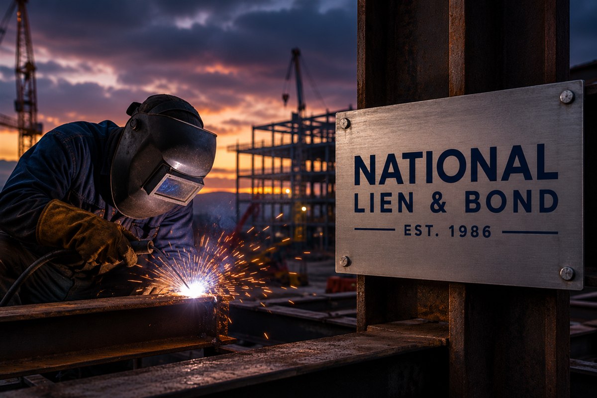 Subcontractor welding structural steel at dusk, the kind of high risk trade work that insurance and indemnification clauses cover