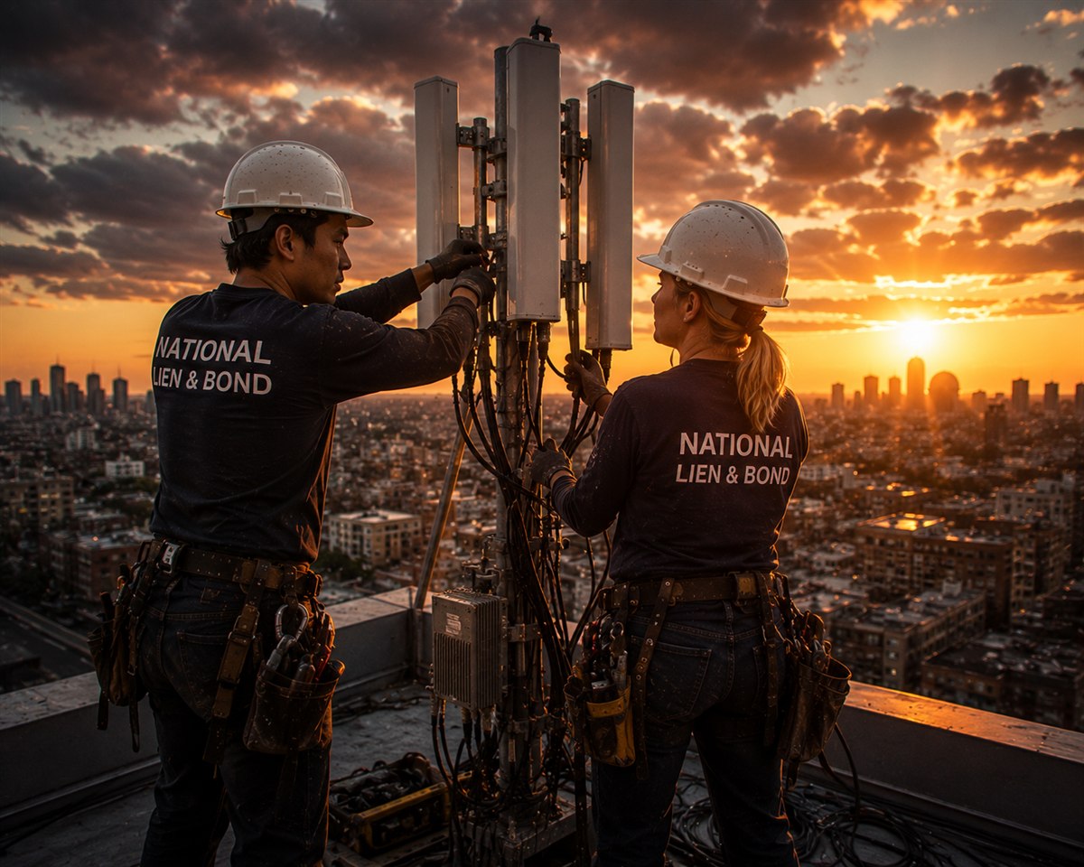 Two technicians wiring a rooftop cell antenna array above the city at sunset, sending signal like the notice of lien your state may require
