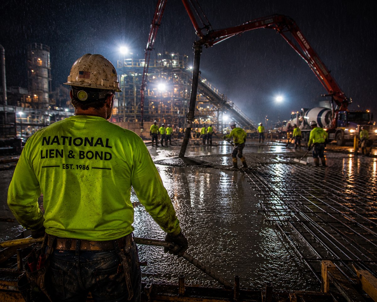 Crew finishing a floodlit slab at an industrial plant during a rainy night pour, commercial projects where payment bonds control payment