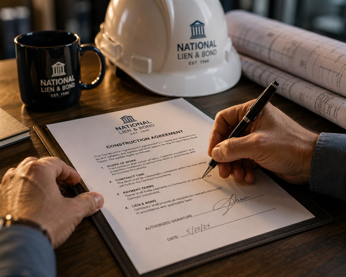 Signing a construction agreement listing scope of work, contract time, payment terms and lien and bond requirements