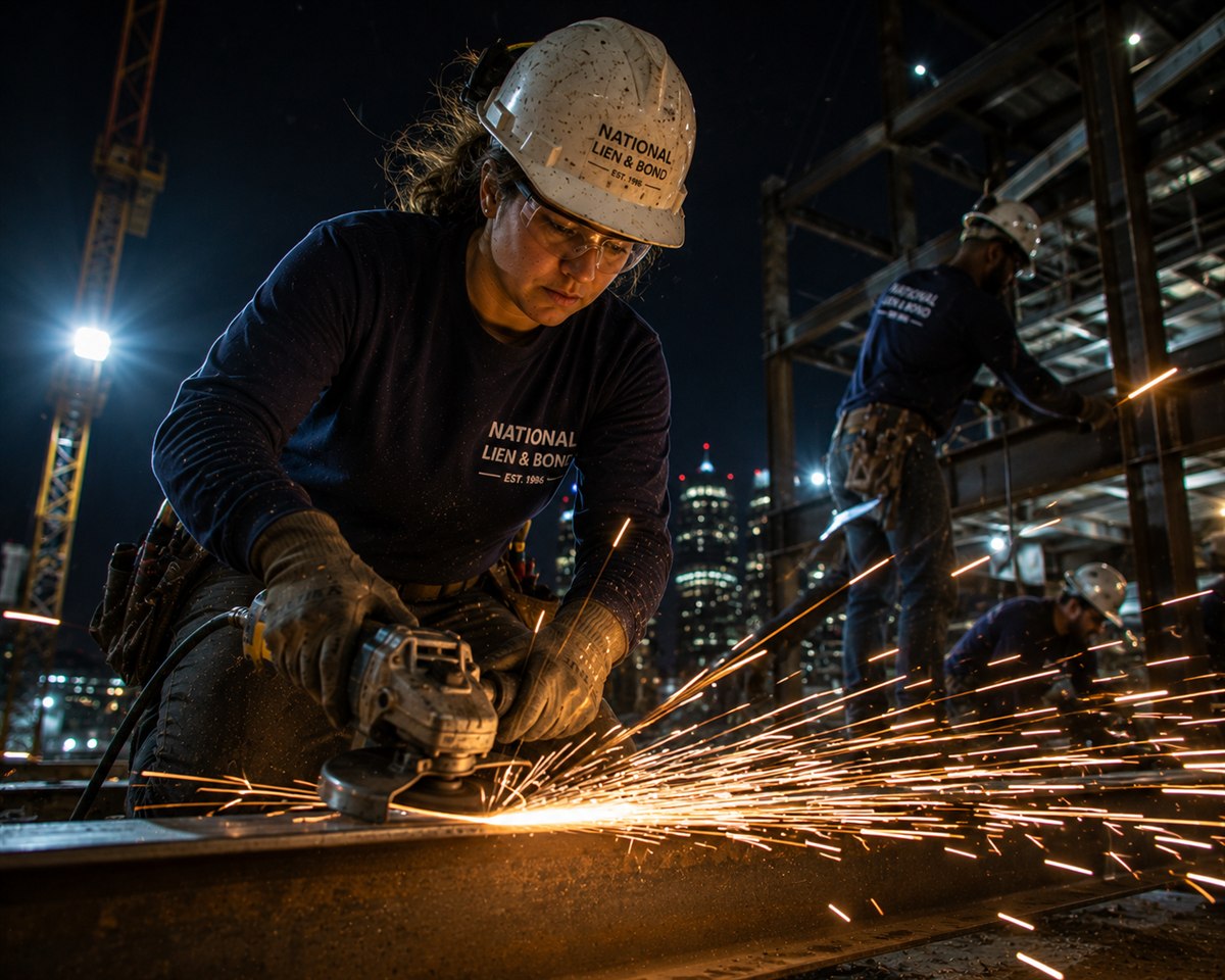 Ironworker grinding steel on a night shift beneath a glowing city skyline, the kind of high-rise development hit with a multimillion dollar lien