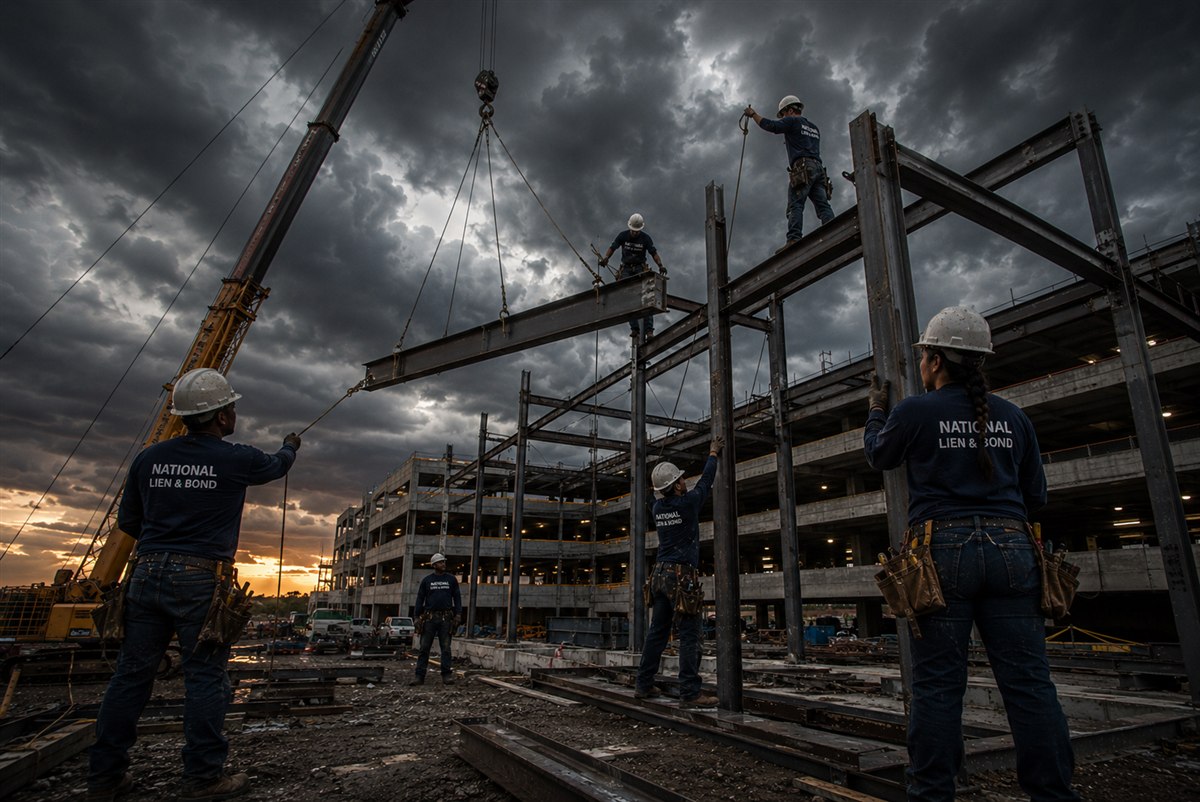 Steel crew guiding a crane-lifted beam against storm clouds at a rising parking structure, cranes busy in the top construction boom states