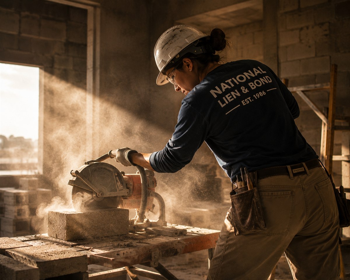 Mason cutting concrete block on a dusty masonry saw inside a block-wall shell, the trade work behind a mechanics lien ruling