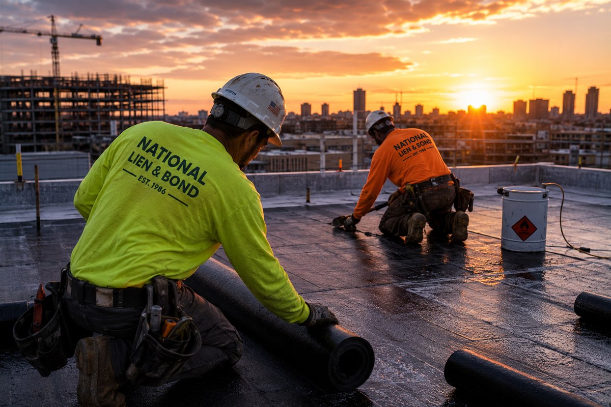 Roofing crew torching down a flat commercial roof above a dense city skyline at dusk, cities and states caught up in construction conflicts