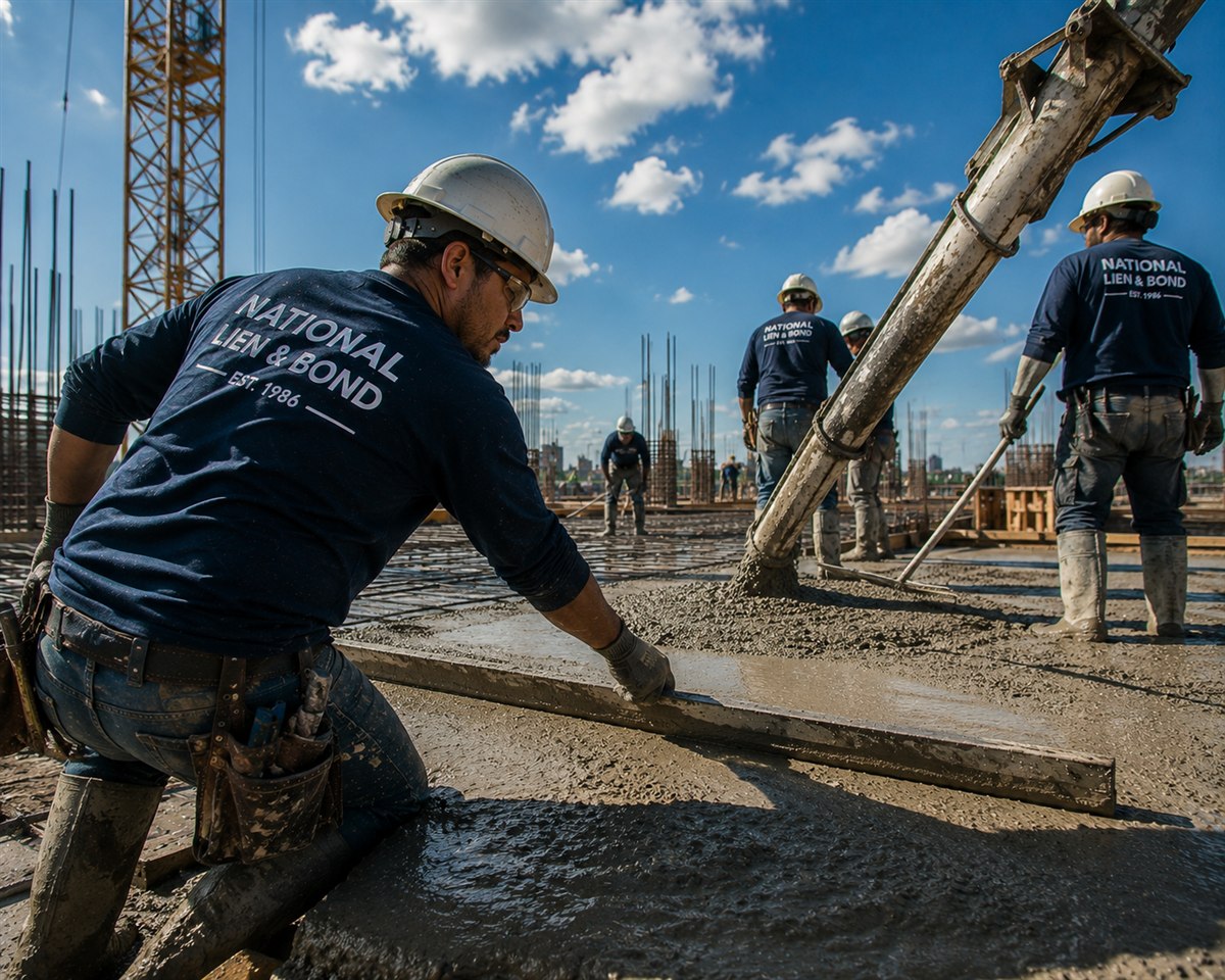 Concrete crew screeding a fresh deck pour behind a pump boom under a tower crane, the kind of hotel project hit with a multimillion dollar lien