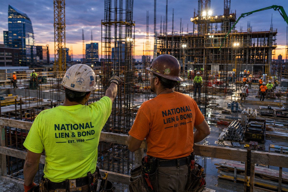 Two workers overlooking a massive high-rise site of rebar columns and tower cranes at dusk, the scale of major projects hit with mechanics liens