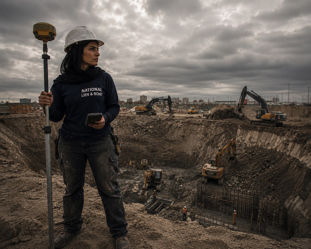 Surveyor with a GPS rover overlooking a deep urban excavation, sizing up how lien laws differ from state to state