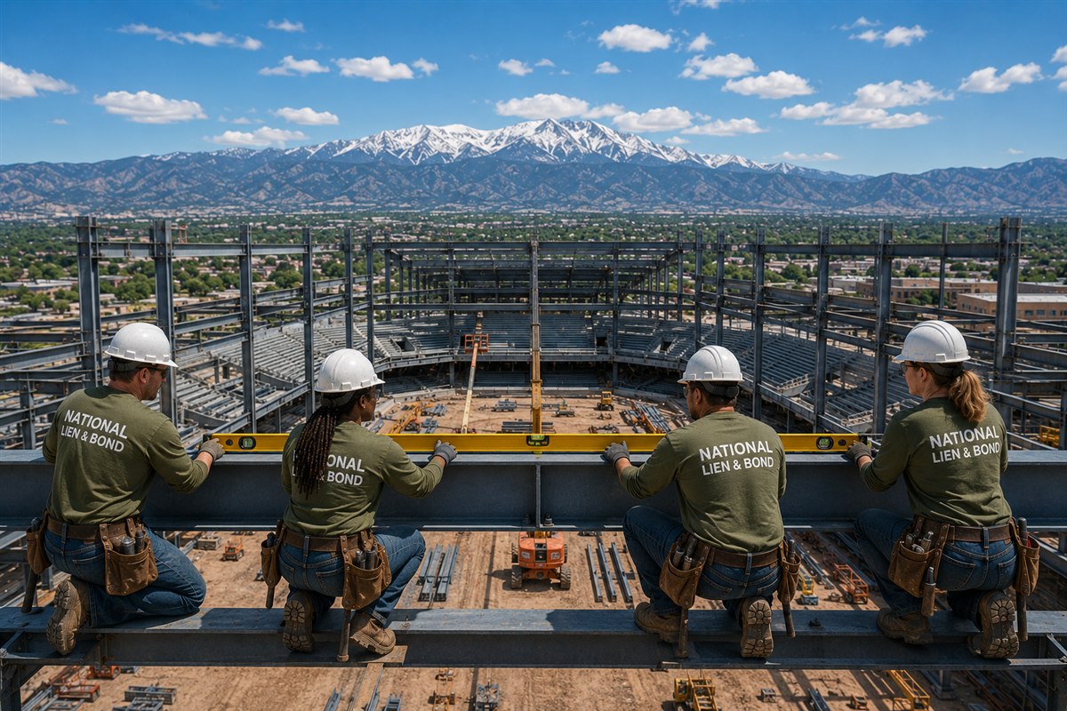 Steel crew running a level across a beam high above the stadium bowl, checking every detail before building on it the way you read a lien release before signing