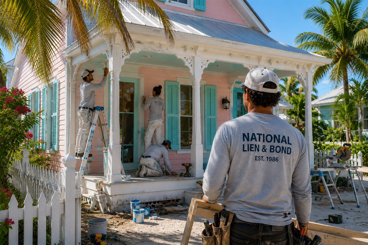 Renovation crew on the porch of a pastel Key West house, palms overhead in the morning sun