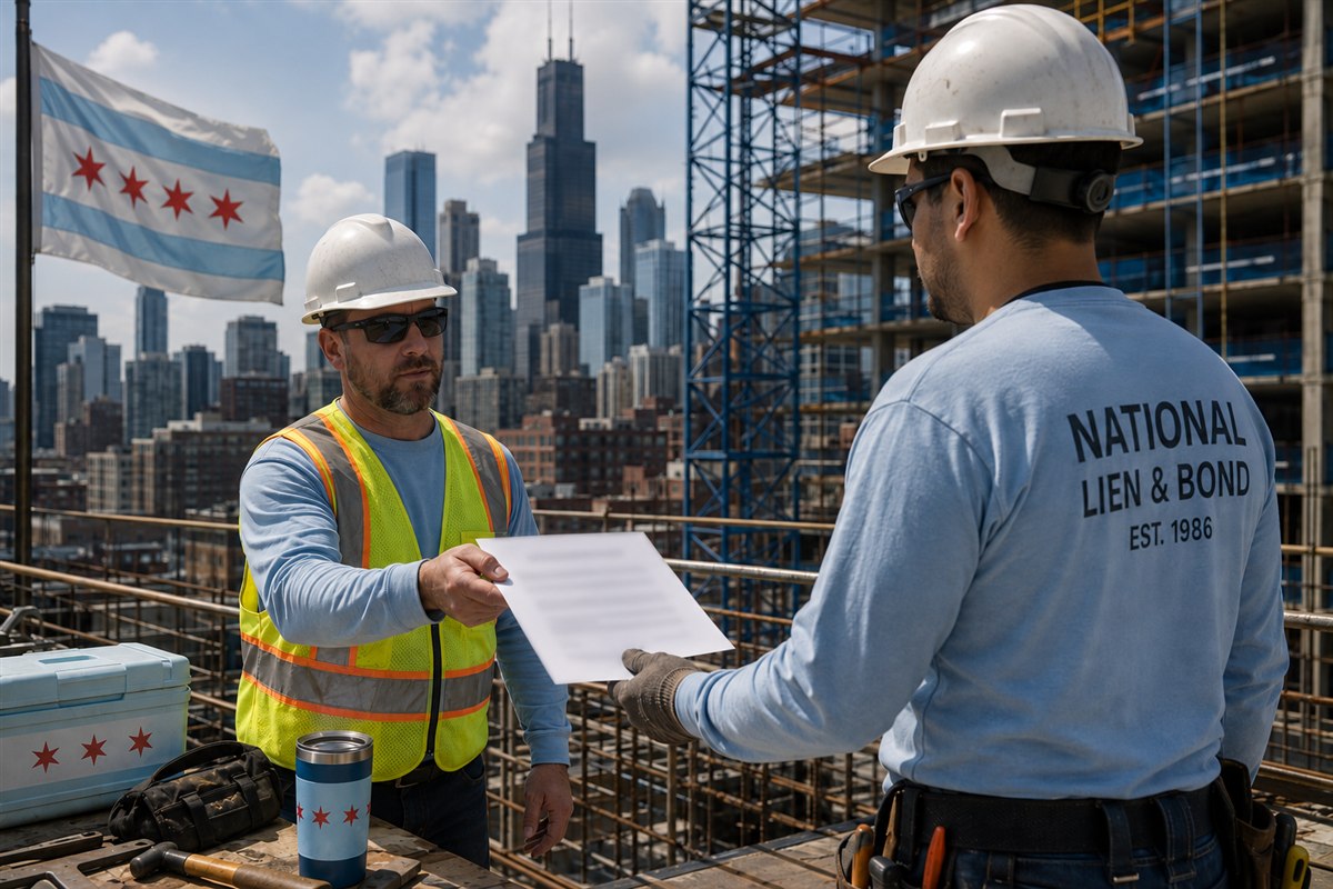 Two contractors exchanging a lien waiver on a downtown Chicago jobsite, the city flag flying against the skyline