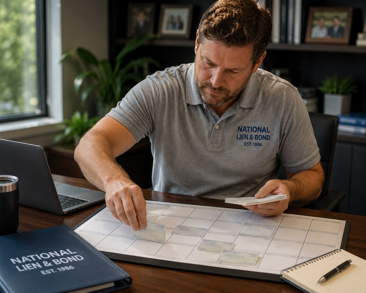 Business owner laying payments out across a blank desk calendar, spreading the schedule to limit exposure
