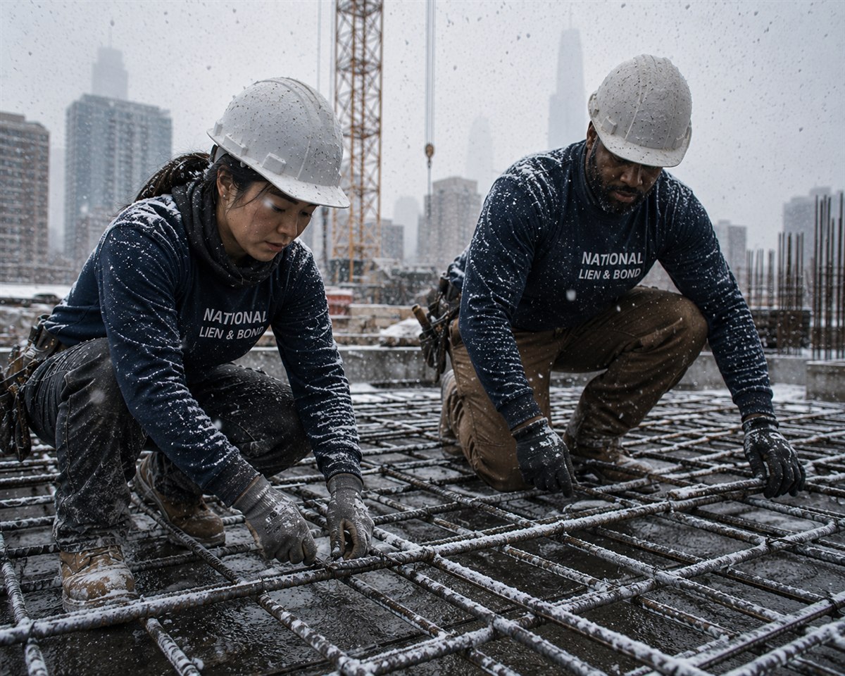 Two rodbusters tying a rebar mat in falling snow beneath a gray city skyline, a March of lawsuits and liens on big projects