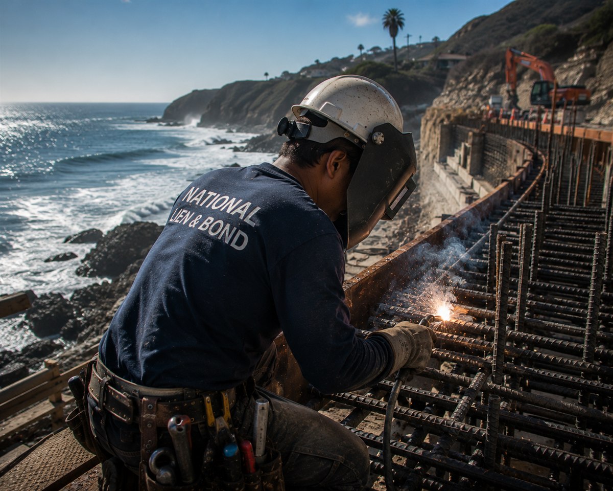 Welder tying a rebar seawall along the California coast, the projects behind California mechanics lien and prompt payment rights