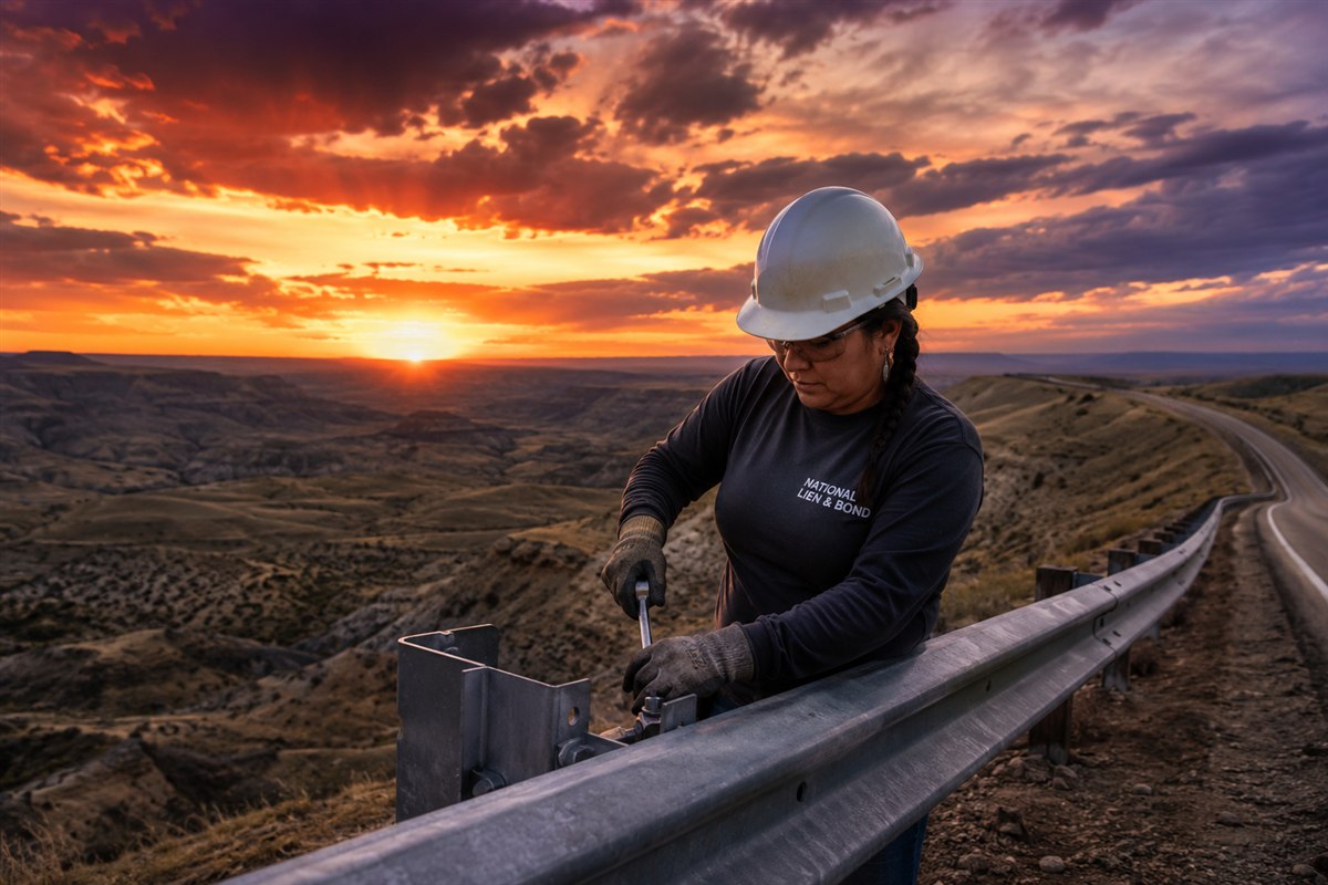 Worker bolting a steel guardrail along a badlands highway curve, the standard terms that keep every job on the road