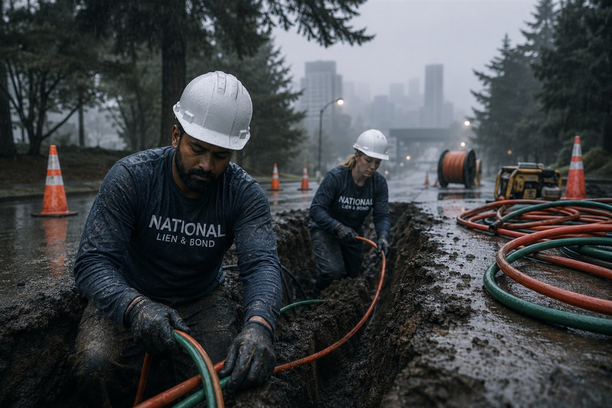 Crew pulling orange and green conduit through a rain-soaked trench toward the city, keeping the flow connected like the receivables that keep cash king