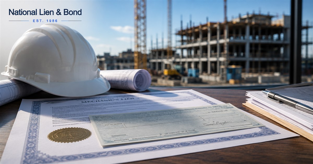Mechanics lien document with a payment check, white hard hat and rolled construction plans overlooking an active building project