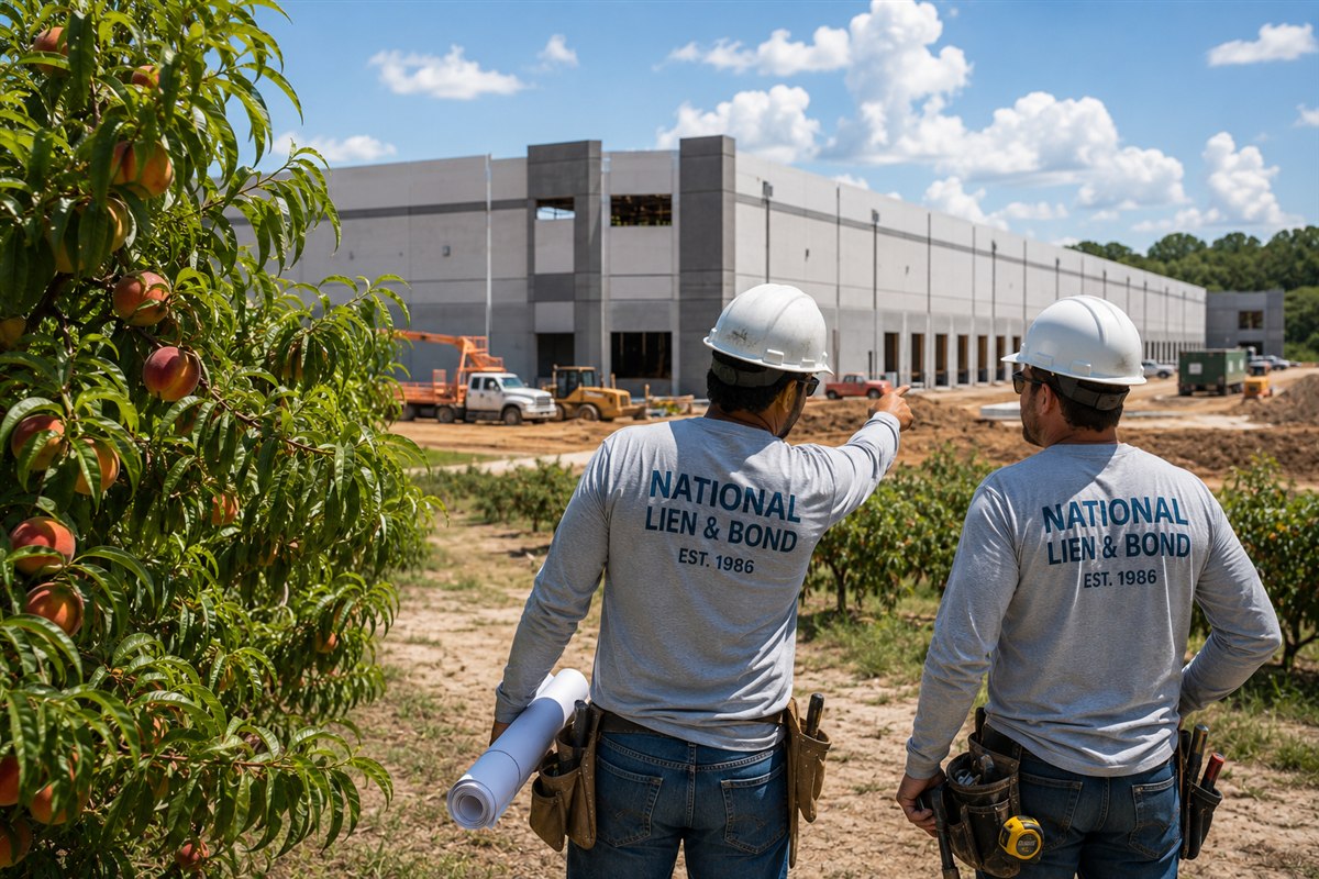 Two contractors at the edge of a Georgia peach orchard, one pointing to the distribution warehouse rising behind it