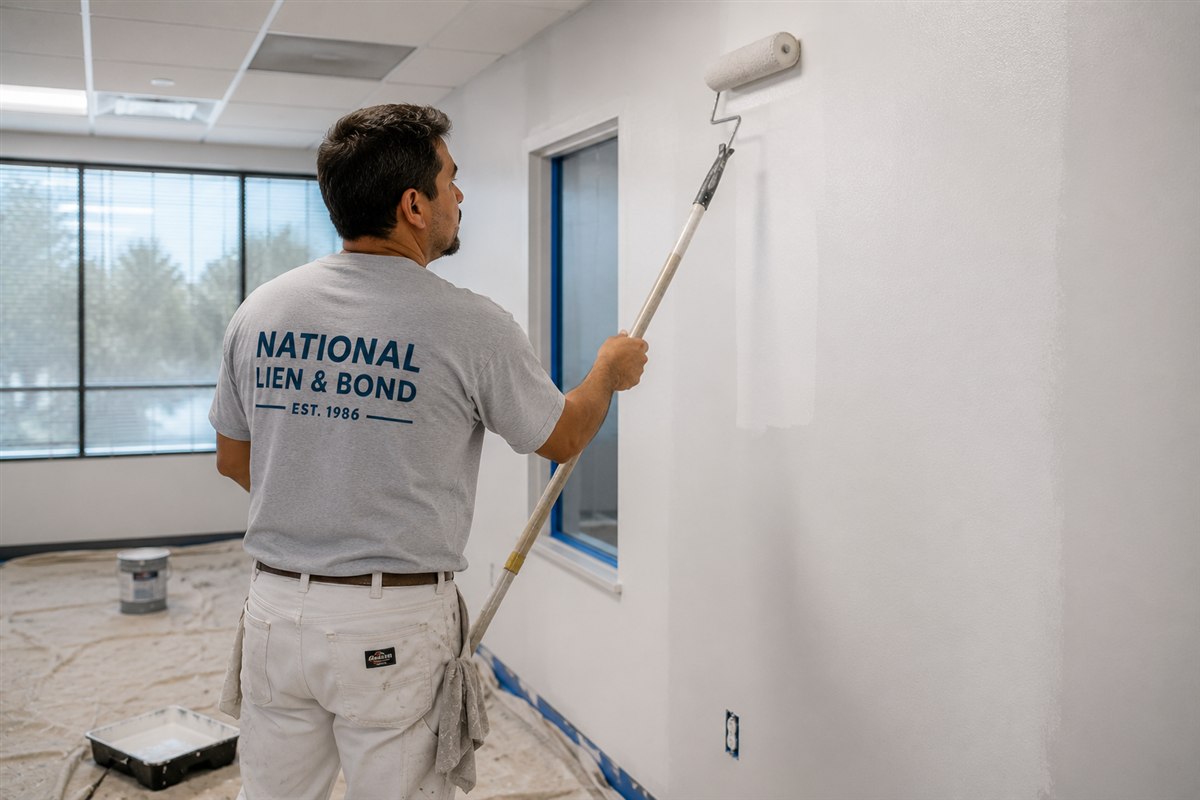 Commercial painter rolling fresh paint onto new office walls as the year winds down, December 2019 lien law update
