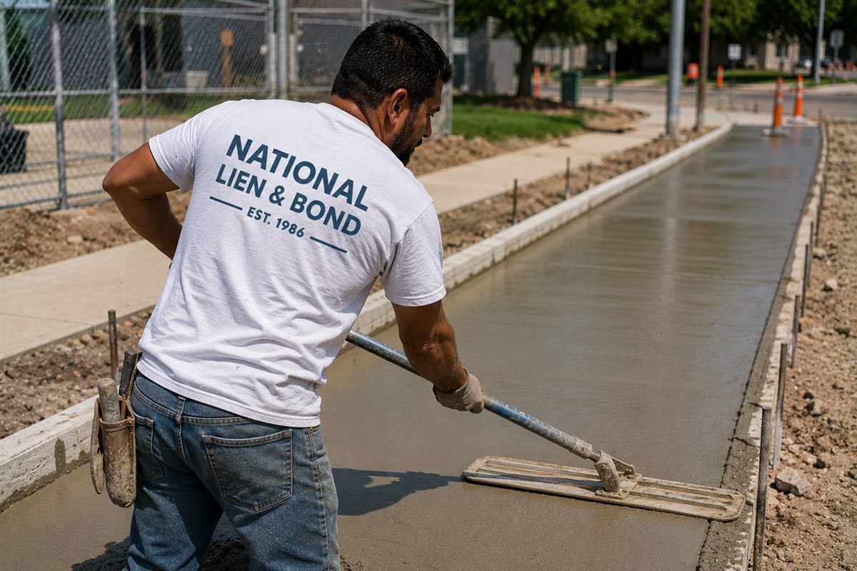 Concrete finisher smoothing a fresh sidewalk pour with a bull float, February 2020 lien law update