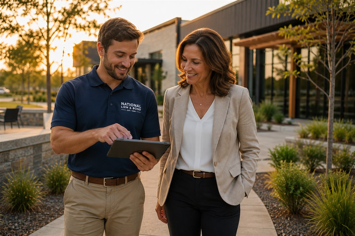Lien service advisor reviewing project updates on a tablet with a client in late summer light, August 2019 lien law news