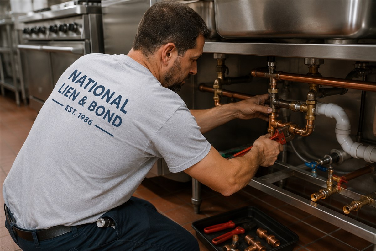 Plumber tightening copper supply lines beneath a commercial kitchen sink, trade work behind the January 2020 lien law update