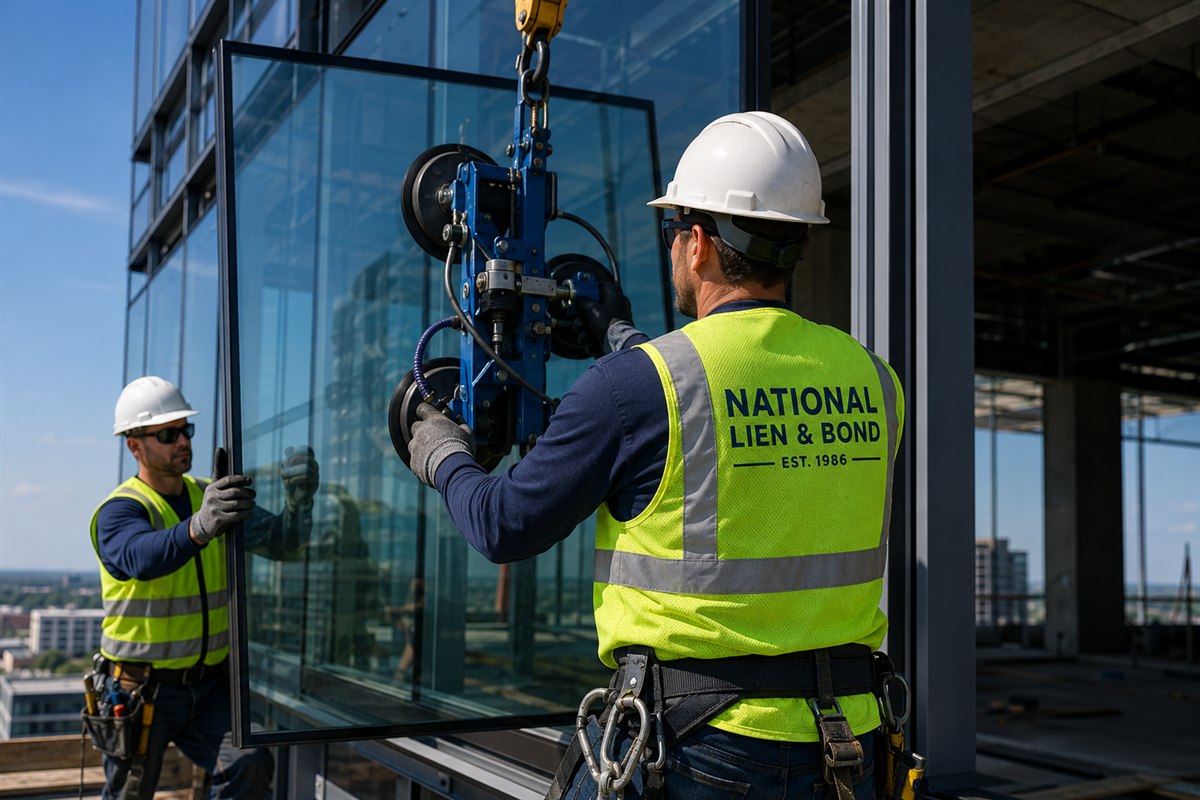 Glaziers setting a glass curtain wall panel high on a skyscraper, the kind of mega-project payment trouble covered in the March lien law update