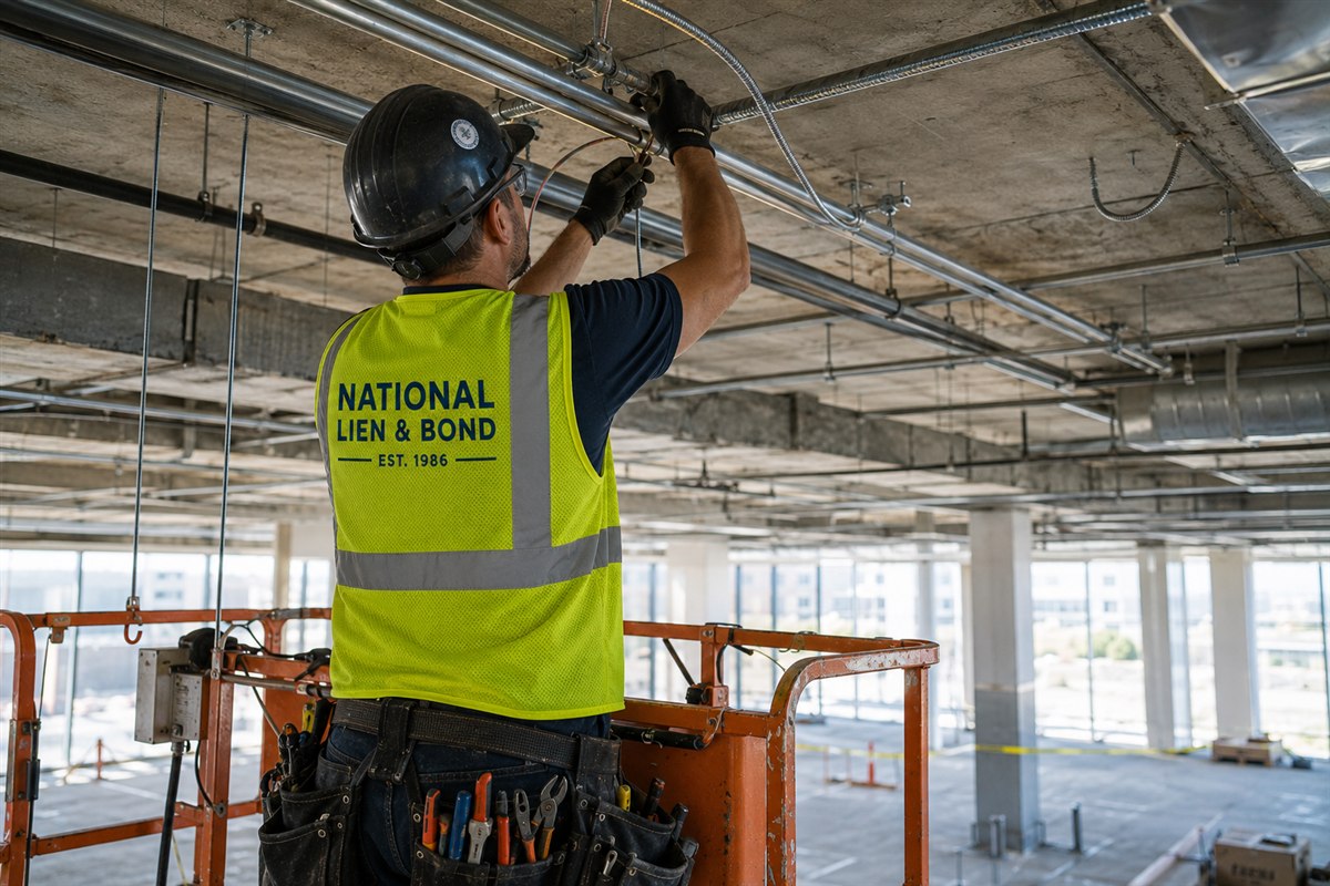 Electrician on a scissor lift running conduit through a concrete high-rise ceiling, jobsite work behind the November 2019 lien law update