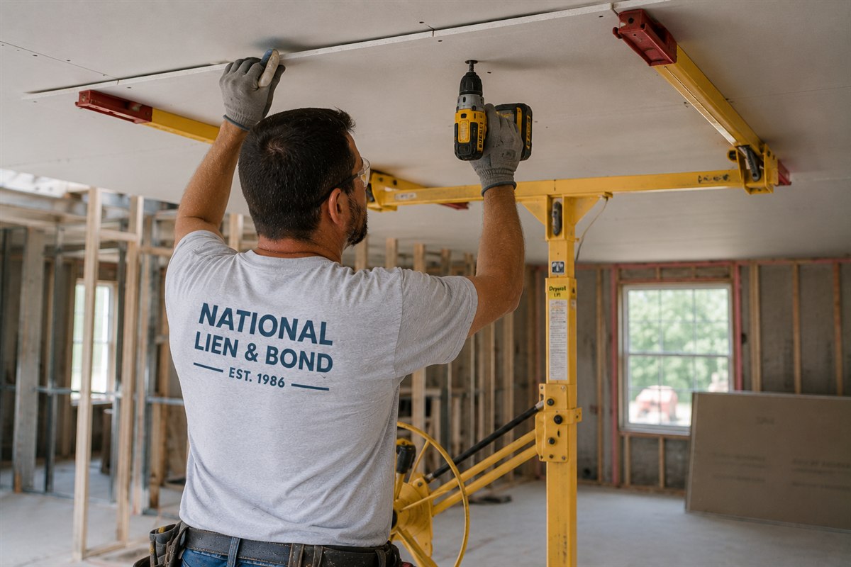 Installer fastening ceiling drywall from a panel lift inside a framed house, October 2020 lien law update
