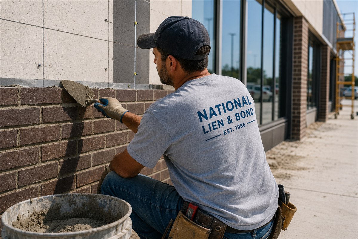 Mason troweling fresh mortar onto a commercial brick facade, on-the-ground work behind the October 2019 lien law update