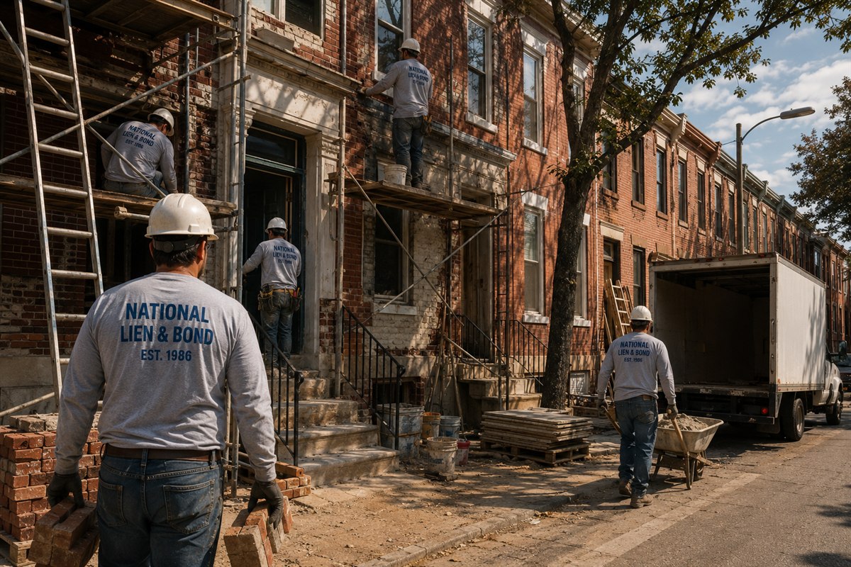 Philadelphia rowhouse block mid-renovation, brick facades wrapped in scaffolding