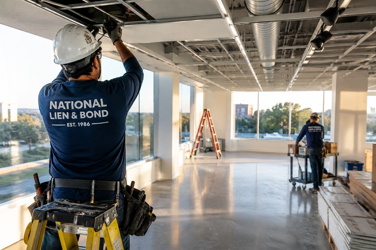 Crew setting ceiling tiles into the grid of a nearly finished office floor, the final work before a notice of completion is filed