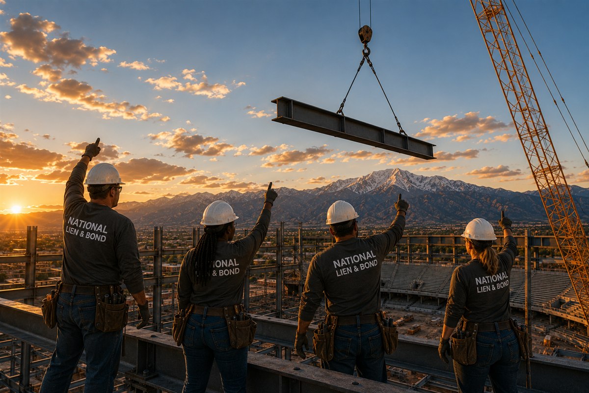 Ironworkers pointing out an incoming crane-hung beam at sunset, the clear signal of what is coming like a notice of intent to lien