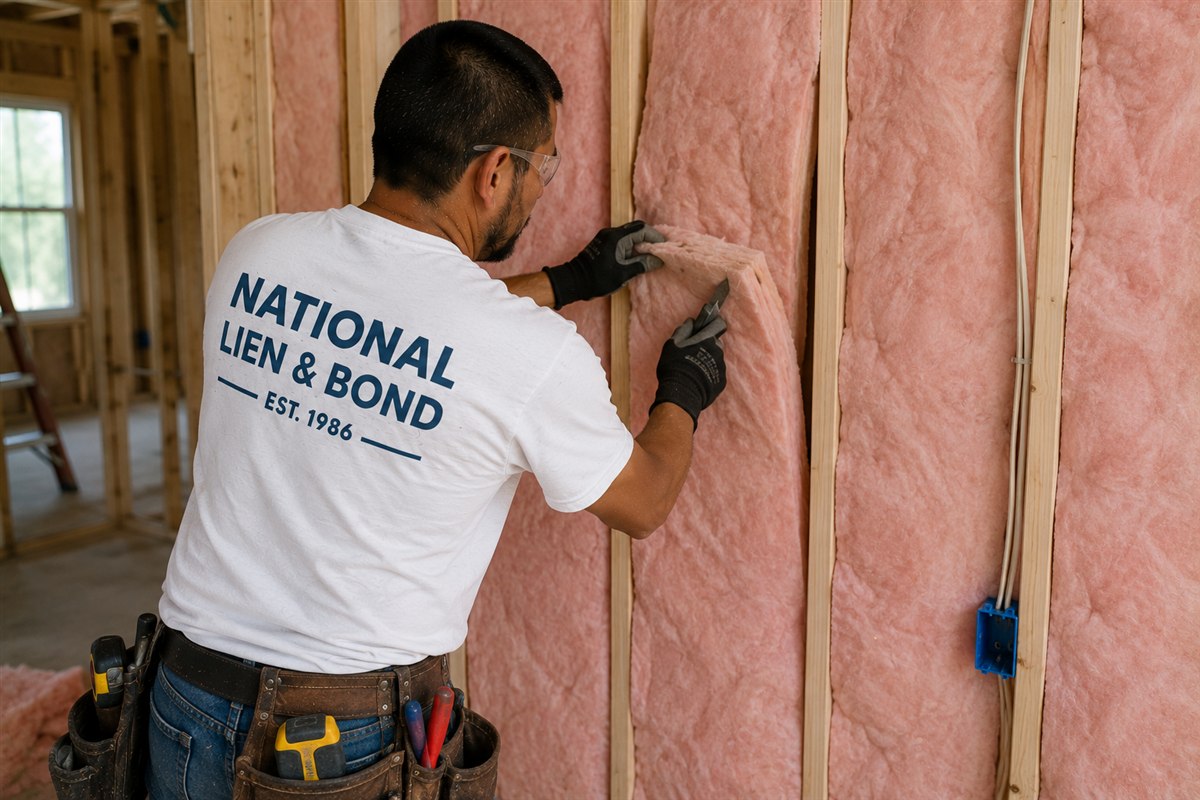Installer fitting pink fiberglass insulation batts between the studs of a framed home, trade work behind the November lien law update
