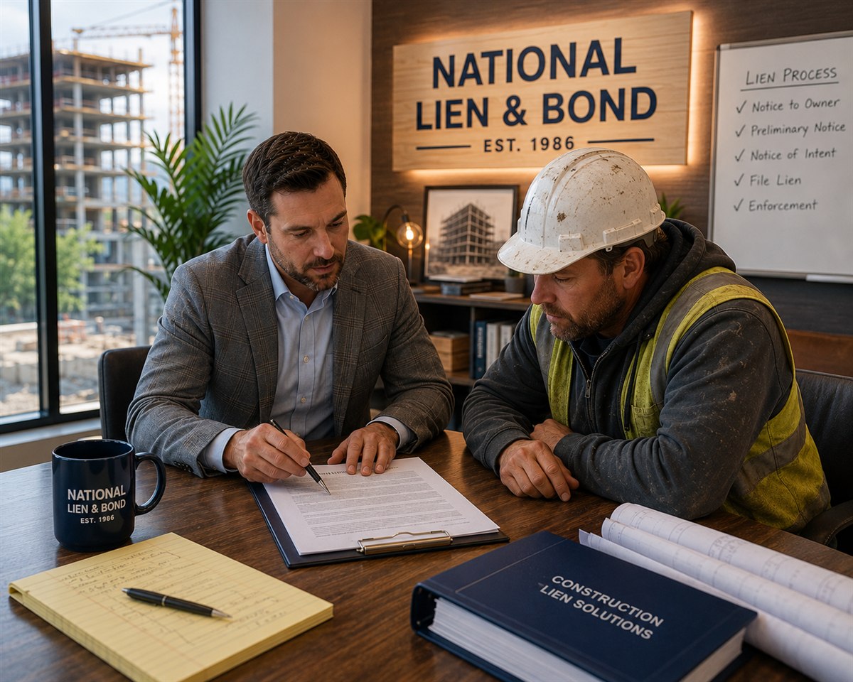 Attorney and contractor in high visibility vest reviewing the lien process steps from notice to owner through enforcement
