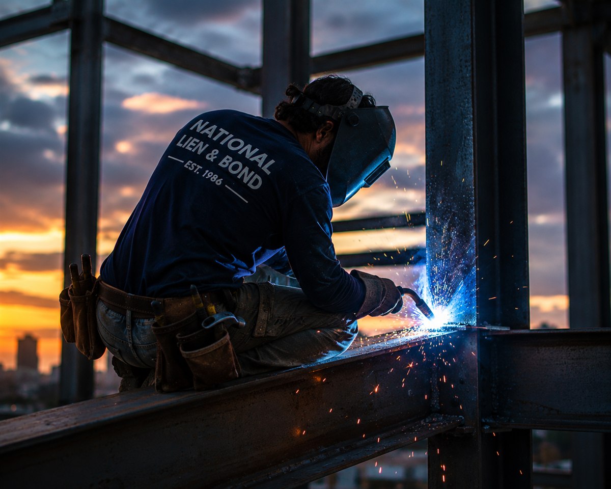 Welder bonding structural steel high above the city at dusk with sparks flying, the guarantee behind performance bonds on public projects