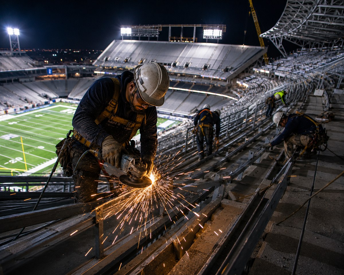 Welder cutting steel rail supports high in a stadium bowl at night, the stadium projects tangled in mechanics liens