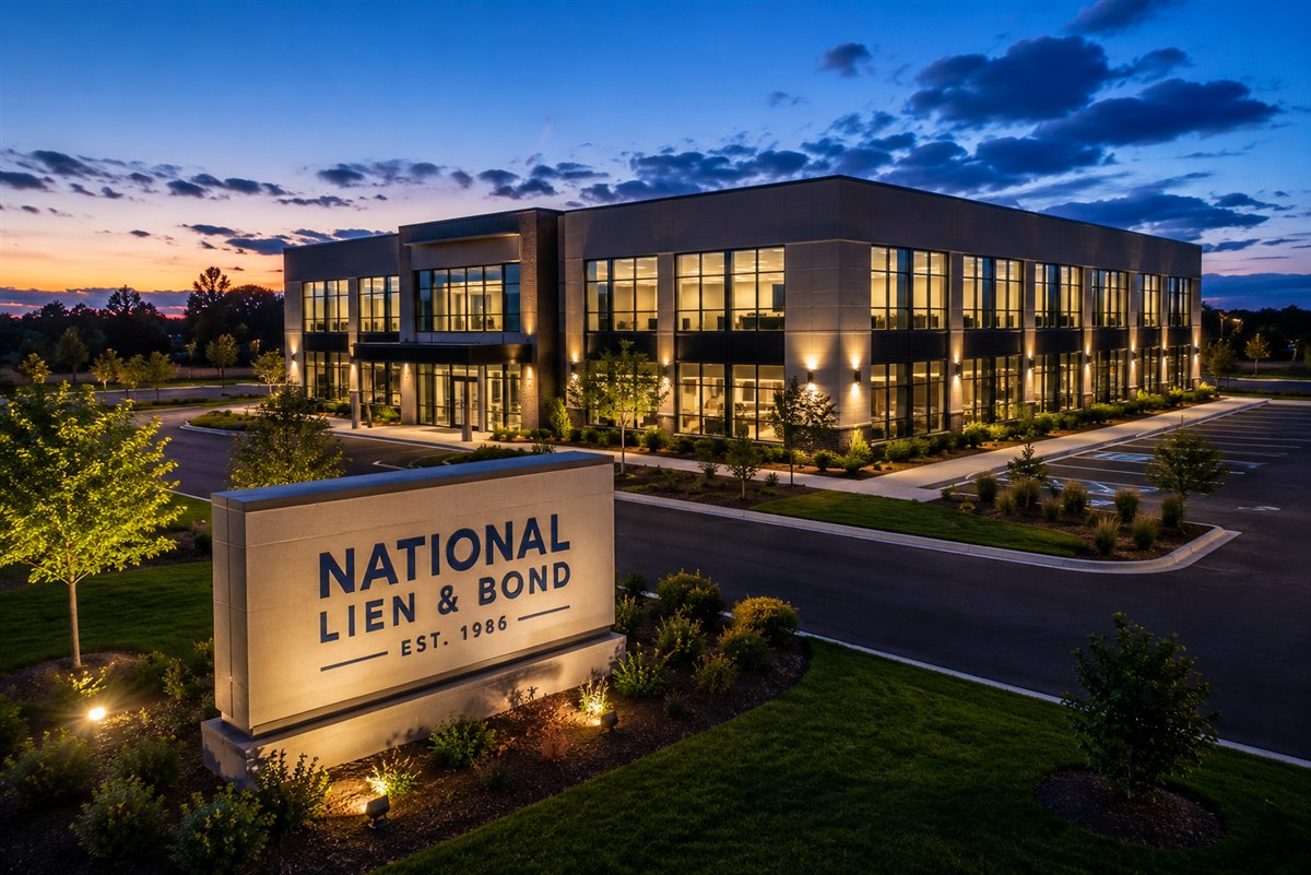 National Lien and Bond headquarters building at dusk, home of nationwide lien rights protection