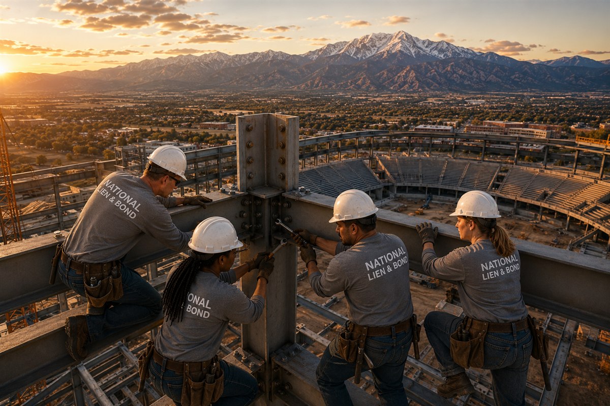 Steel crew tightening the bolts on a column connection above a stadium bowl at sunset, all sides locked into one joint like the parties to a joint check agreement