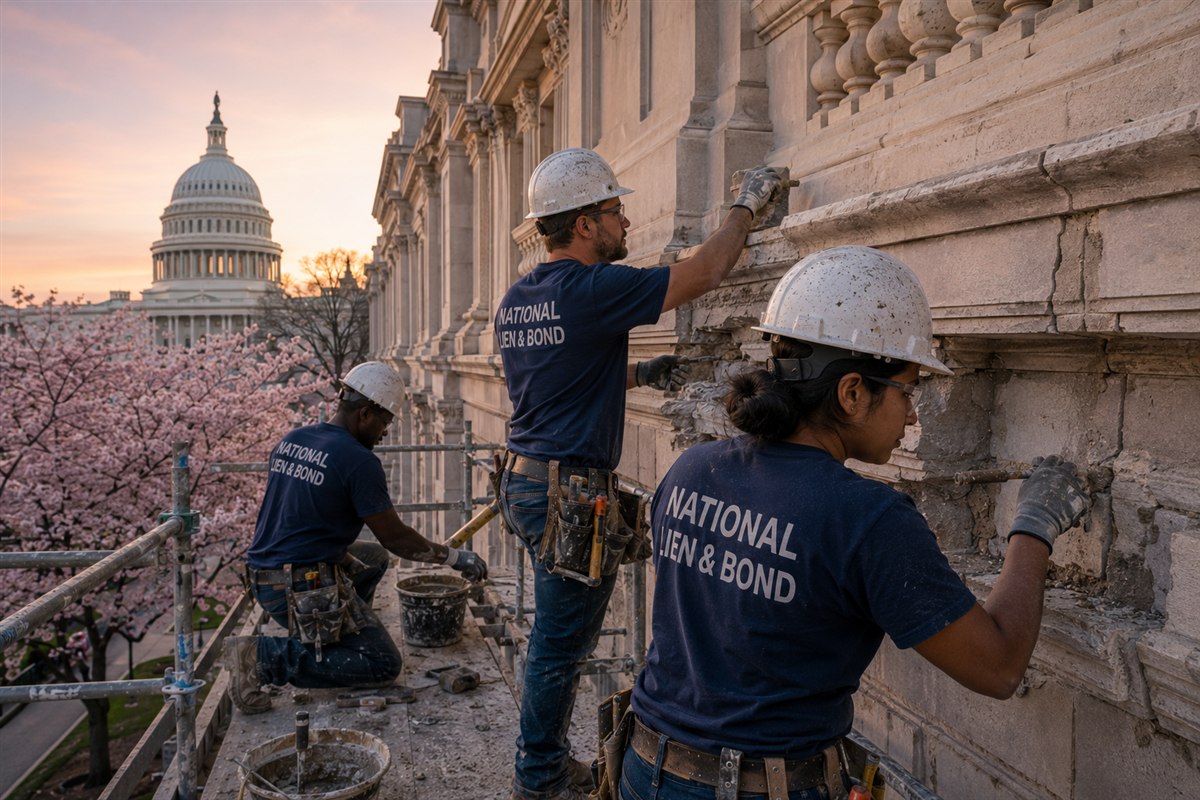 Masons repairing a carved federal stone facade at sunrise with the US Capitol dome rising over cherry blossoms, the setting for Miller Act claims